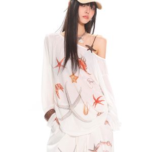 Asymmetrical Neck Starfish Print Long Sleeve Slim Fit Off-Shoulder T-Shirt - Sheer Summer Sun Protection Top for Women