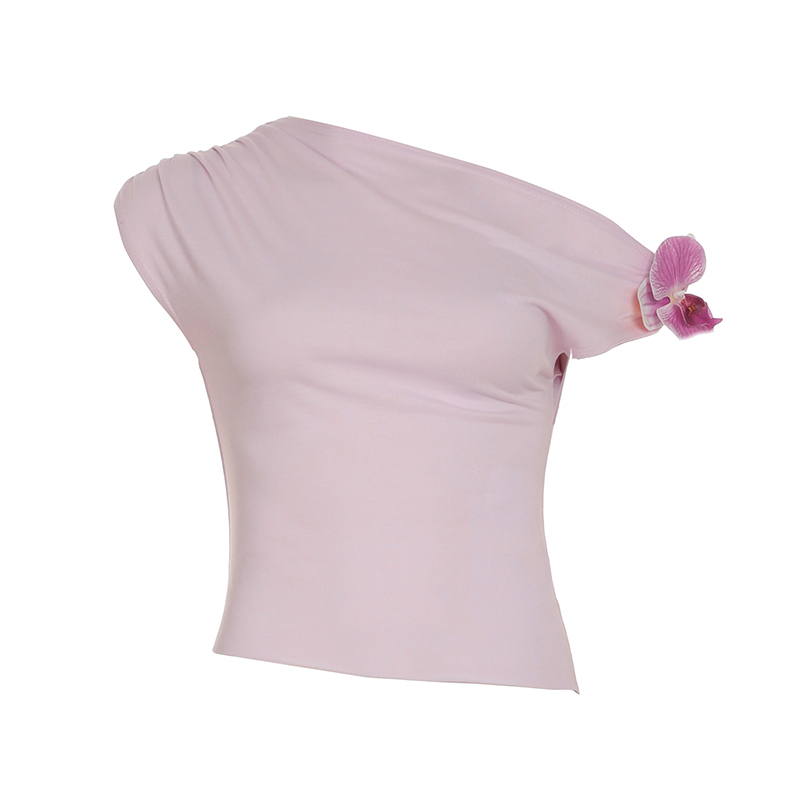 Asymmetrical Off-Shoulder 3D Flower Butterfly Orchid Top - Women's Summer Fresh Waist-Defining T-Shirt, Y2K Style