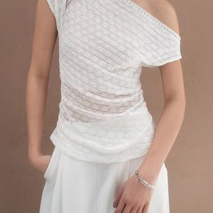 Asymmetrical Off-Shoulder T-Shirt for Women with Textured Floral Design - Summer White Top, 90s-Inspired, Y2K Fashion