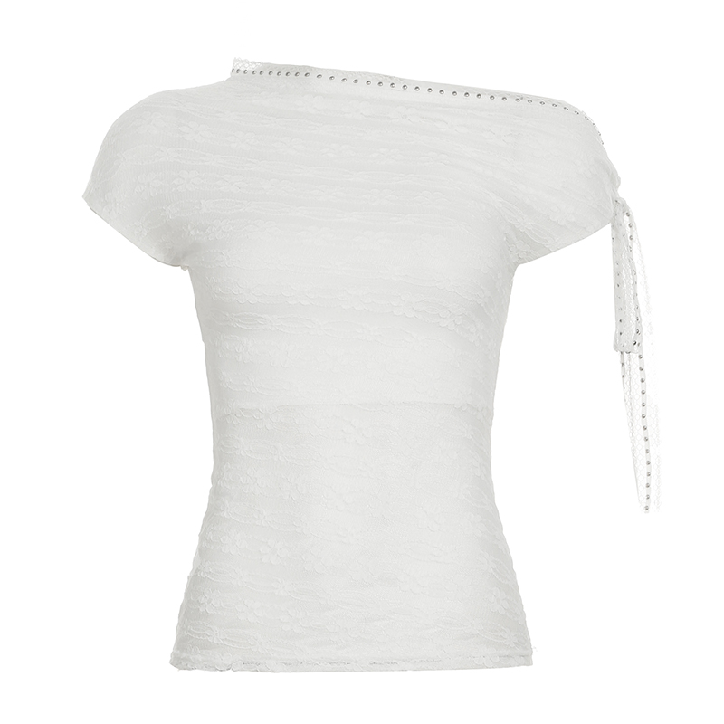 Asymmetrical Off-Shoulder T-Shirt for Women with Textured Floral Design - Summer White Top, 90s-Inspired, Y2K Fashion