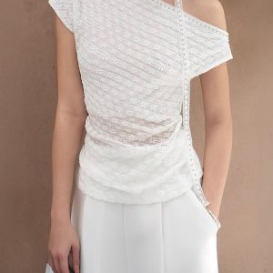 Asymmetrical Off-Shoulder T-Shirt for Women with Textured Floral Design - Summer White Top, 90s-Inspired, Y2K Fashion