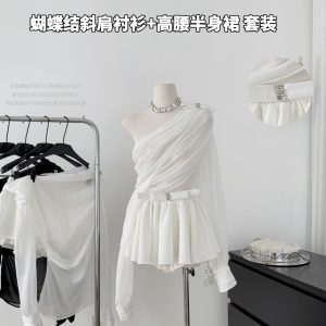 Asymmetrical Ruffled Semi-Transparent Set - Women's Romantic Love Shirt & Skirt Pants - Y2K Style Christmas Outfit