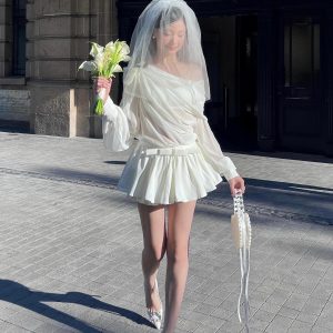 Asymmetrical Ruffled Semi-Transparent Set - Women's Romantic Love Shirt & Skirt Pants - Y2K Style Christmas Outfit