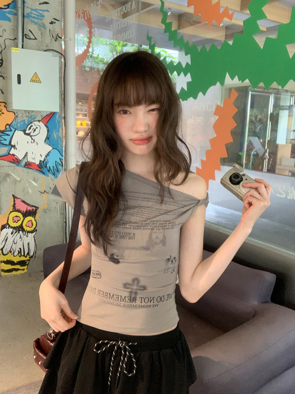 Asymmetrical Shoulder Digital Print T-Shirt for Women - Summer 2025 Slim Fit Elegant Top, Trendy 90s Style Asymmetrical Shoulder Digital Print T-Shirt for Women - Summer 2025 Slim Fit Elegant Top, Trendy 90s Style