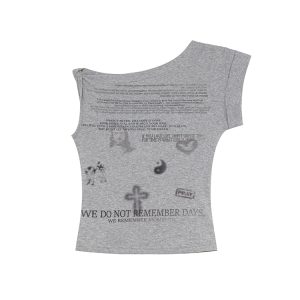 Asymmetrical Shoulder Digital Print T-Shirt for Women - Summer 2025 Slim Fit Elegant Top, Trendy 90s Style