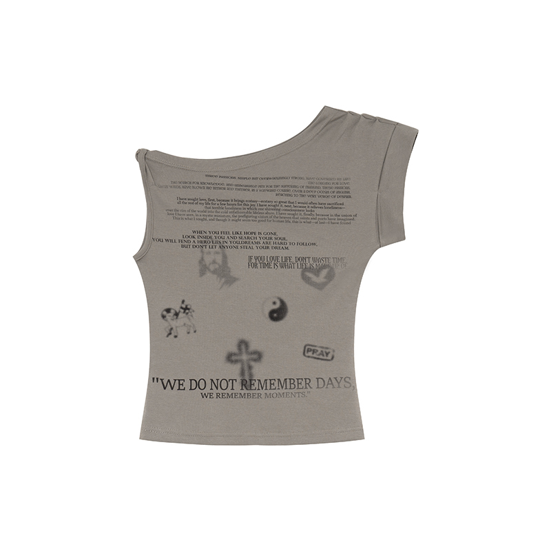 Asymmetrical Shoulder Digital Print T-Shirt for Women - Summer 2025 Slim Fit Elegant Top, Trendy 90s Style