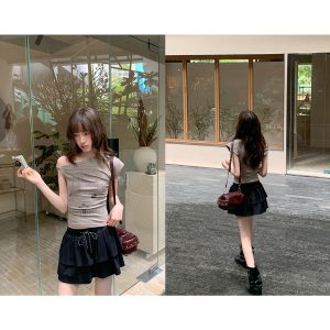 Asymmetrical Shoulder Digital Print T-Shirt for Women - Summer 2025 Slim Fit Elegant Top, Trendy 90s Style