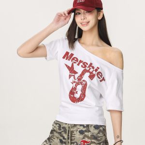 Asymmetrical Shoulder Sexy Short Sleeve T-Shirt for Women - Summer Slim Fit Beer Team Captain American Design, Y2K Style
