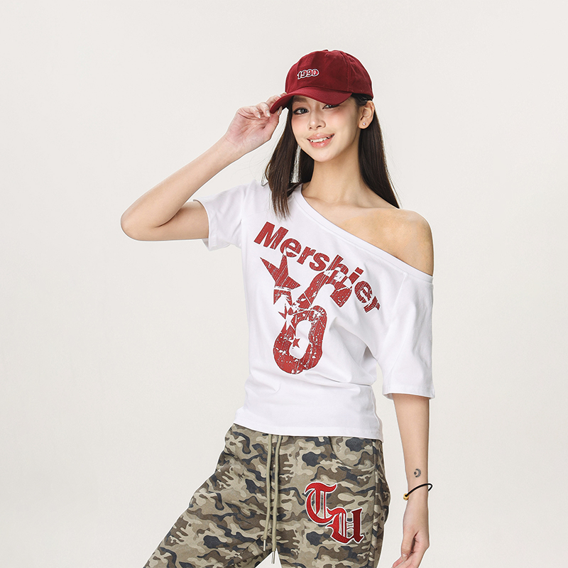 Asymmetrical Shoulder Sexy Short Sleeve T-Shirt for Women - Summer Slim Fit Beer Team Captain American Design, Y2K Style