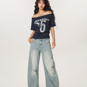 Asymmetrical Shoulder Sexy Short Sleeve T-Shirt for Women - Summer Slim Fit Beer Team Captain American Design, Y2K Style