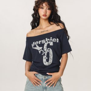Asymmetrical Shoulder Sexy Short Sleeve T-Shirt for Women - Summer Slim Fit Beer Team Captain American Design, Y2K Style