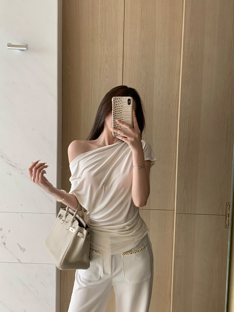 Asymmetrical Slim Fit Short Sleeve T-Shirt for Women - Summer Elastic Top, Natural Beauty Formula, Casual Chic Style Asymmetrical Slim Fit Short Sleeve T-Shirt for Women - Summer Elastic Top, Natural Beauty Formula, Casual Chic Style