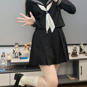 Authentic Black Indigo Three-Volume Unruly Sailor Suit Set - Camellia & Book JK Uniform, Basic Version, Korean Style Middle School Outfit