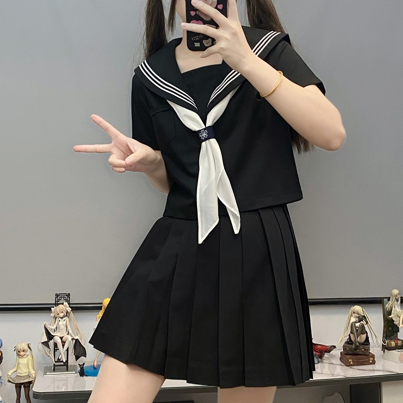 Authentic Black Indigo Three-Volume Unruly Sailor Suit Set - Camellia & Book JK Uniform, Basic Version, Korean Style Middle School Outfit