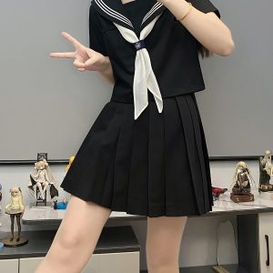 Authentic Black Indigo Three-Volume Unruly Sailor Suit Set - Camellia & Book JK Uniform, Basic Version, Korean Style Middle School Outfit