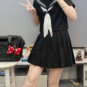 Authentic Black Indigo Three-Volume Unruly Sailor Suit Set - Camellia & Book JK Uniform, Basic Version, Korean Style Middle School Outfit