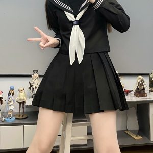 Authentic Black Indigo Three-Volume Unruly Sailor Suit Set - Camellia & Book JK Uniform, Basic Version, Korean Style Middle School Outfit