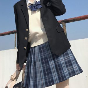 Authentic JK Plaid Pleated Skirt - A-line Checkered Midi Skirt for Women - Y2K Inspired Sea Night Design