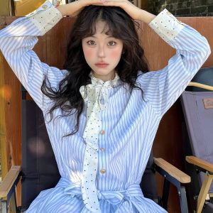 Autumn Color Block Striped Long Sleeve Dress for Women, Waist-Cinching Slimming Casual Dress, 90s Inspired Fashion