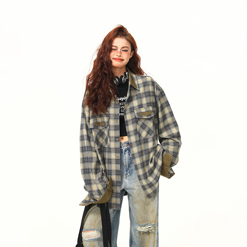 Autumn Plaid Color-Block Long Sleeve Shirt for Women - Retro Patchwork Loose Blouse in 90s Style