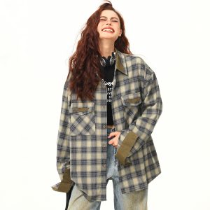 Autumn Plaid Color-Block Long Sleeve Shirt for Women - Retro Patchwork Loose Blouse in 90s Style