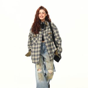 Autumn Plaid Color-Block Long Sleeve Shirt for Women - Retro Patchwork Loose Blouse in 90s Style