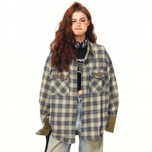 Autumn Plaid Color-Block Long Sleeve Shirt for Women - Retro Patchwork Loose Blouse in 90s Style