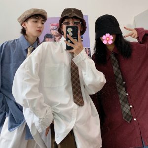 Autumn Vintage Hong Kong Style Long Sleeve Shirt for Women - Loose BF Korean Lazy Style with Tie, Available in 8 Colors