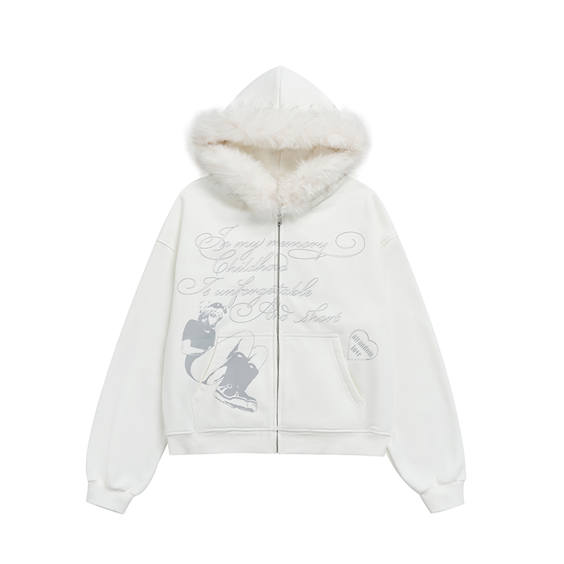 Autumn Winter Fleece-Lined Hoodie for Women - Black and White Printed Loose Jacket, Casual Streetwear Style