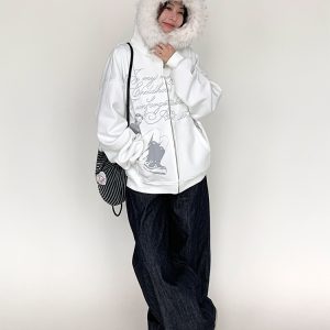 Autumn Winter Fleece-Lined Hoodie for Women - Black and White Printed Loose Jacket, Casual Streetwear Style