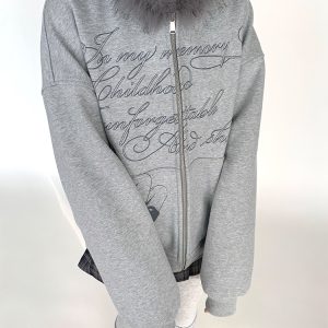 Autumn Winter Fleece-Lined Hoodie for Women - Black and White Printed Loose Jacket, Casual Streetwear Style