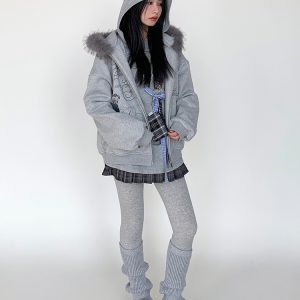 Autumn Winter Fleece-Lined Hoodie for Women - Black and White Printed Loose Jacket, Casual Streetwear Style