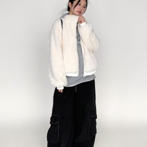 Autumn Winter Short-Haired Lamb Wool Coat - Loose Stylish Warm Stand-Up Collar Outerwear