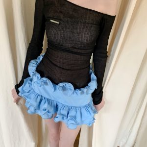 Baby Blue Floral Asymmetrical Shoulder Dress - Summer Rich Girl Style, Trendy Y2K Fashion