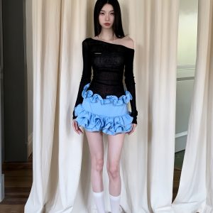 Baby Blue Floral Asymmetrical Shoulder Dress - Summer Rich Girl Style, Trendy Y2K Fashion