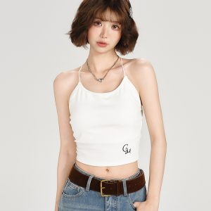 Backless American Retro Camisole for Women - Summer Style with Built-In Padding, Short Inner Top, Chic and Girly Design