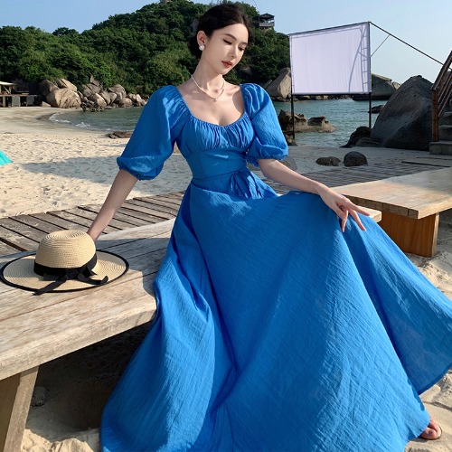 Backless Blue Prairie Dress with High Slit and Square Neck - Vintage French Vacation Style with Large Skirt