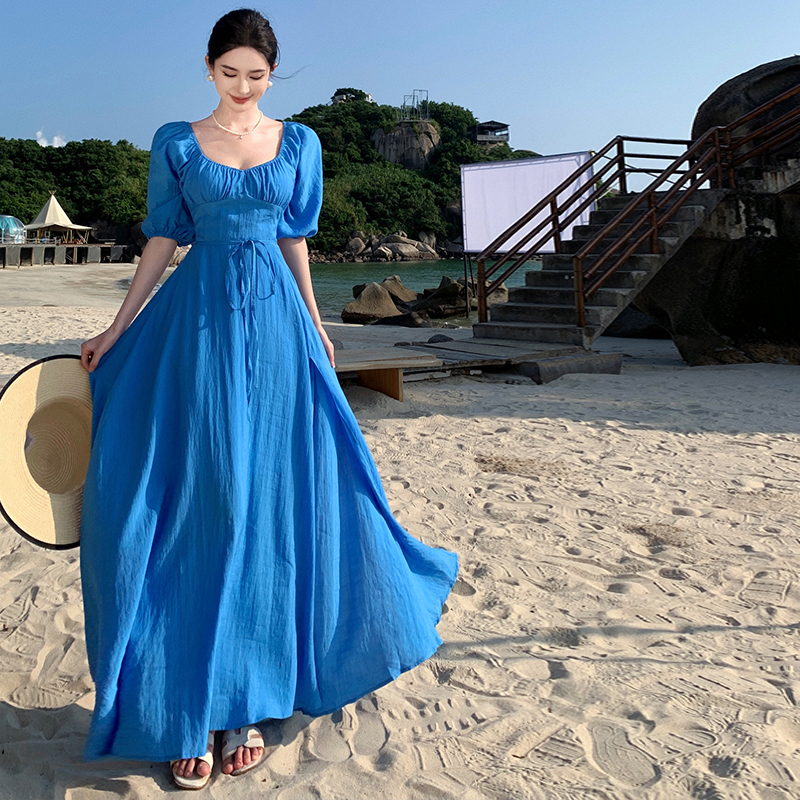 Backless Blue Prairie Dress with High Slit and Square Neck - Vintage French Vacation Style with Large Skirt