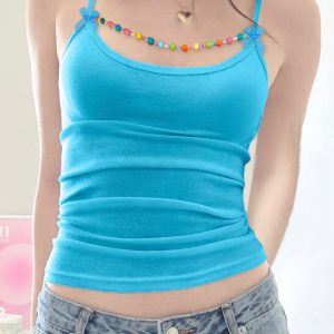 Backless Casual Vest with Beaded Bow Tie Straps for Women - Summer Beach Style, Elastic Fit, Trendy Y2K Fashion