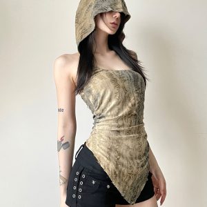 Backless Distressed Hooded Vest for Women - Irregular Strap Rock Music Festival Style, Hot Girl Aesthetic