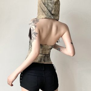Backless Distressed Hooded Vest for Women - Irregular Strap Rock Music Festival Style, Hot Girl Aesthetic
