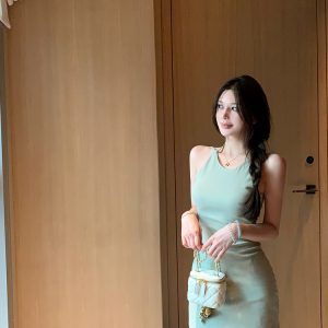 Backless Halter Neck Summer Dress with Chest Pad, Knitted Bodycon Mini Skirt, Jasmine and Black Tea Colors, Y2K Style