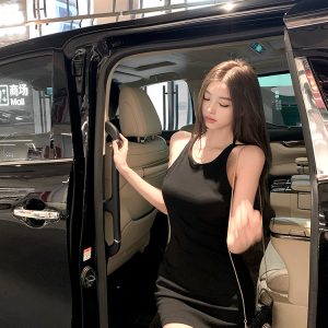 Backless Halter Neck Summer Dress with Chest Pad, Knitted Bodycon Mini Skirt, Jasmine and Black Tea Colors, Y2K Style