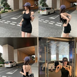 Backless Halter Neck Summer Dress with Chest Pad, Knitted Bodycon Mini Skirt, Jasmine and Black Tea Colors, Y2K Style