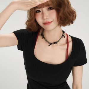 Backless Spicy Girl Short Sleeve T-Shirt for Women - American Style Summer Two-Piece Set with Strap Design