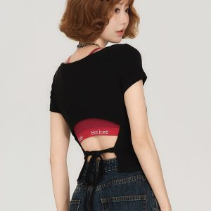 Backless Spicy Girl Short Sleeve T-Shirt for Women - American Style Summer Two-Piece Set with Strap Design