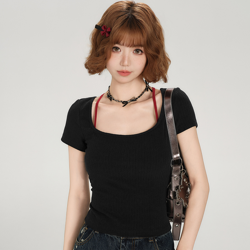 Backless Spicy Girl Short Sleeve T-Shirt for Women - American Style Summer Two-Piece Set with Strap Design