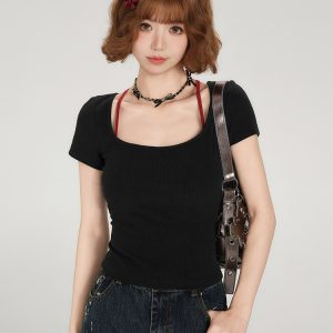 Backless Spicy Girl Short Sleeve T-Shirt for Women - American Style Summer Two-Piece Set with Strap Design