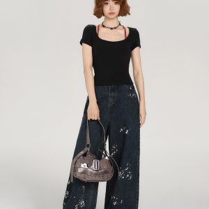 Backless Spicy Girl Short Sleeve T-Shirt for Women - American Style Summer Two-Piece Set with Strap Design