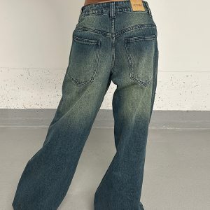 Baggy Skate Pants for Girls - Film-Style Yellow and Blue Wash Slimming Jeans, 90s Inspired Streetwear Fashion